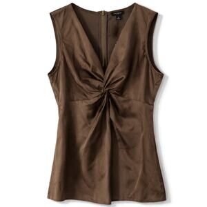 Ann Taylor Twist Front Satin Sleeveless Blouse Brown V Neck Size 4 NWT